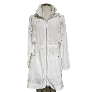Athleta Rain Drop White Hooded Jacket Longline Windbreaker Full Zip Sz Small